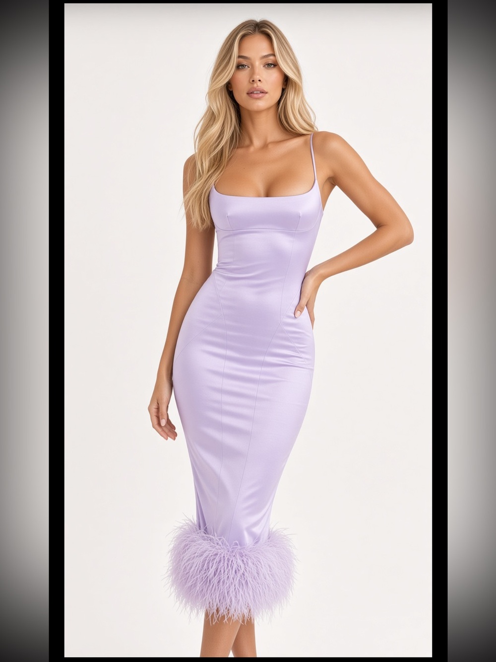 House of CB ‘Helena’ Lilac Satin Maxi Dress with Feather Trim $299
